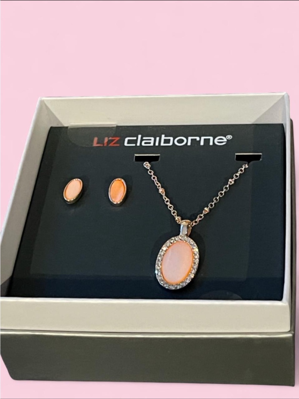 Liz Claiborne Gold-Tone Pink Oval Pendant & Earring Set